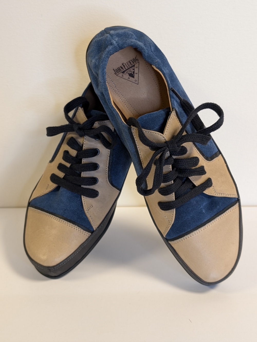 John Fluevog Desires Tutor Navy and Tan Suede Lace-Up Sneakers Women's Size 9
